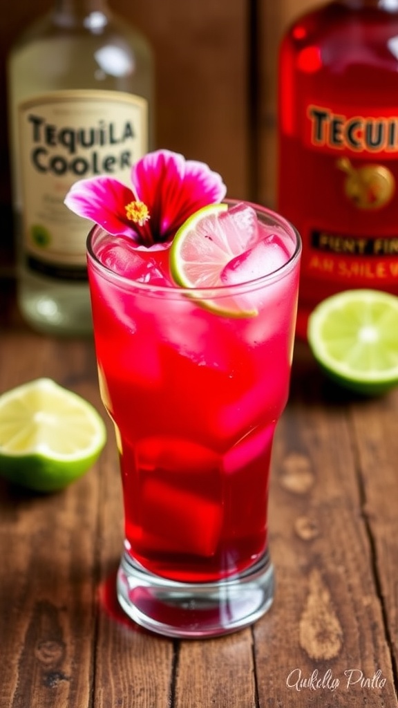 Hibiscus Tequila Cooler cocktail in a glass, garnished with lime and hibiscus flower, on a wooden table.